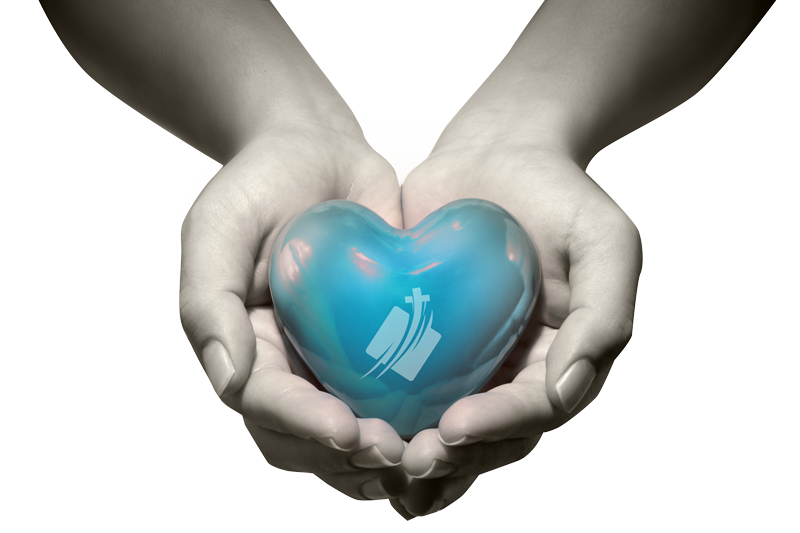 hands holding blue cyan heart with the grace road ministries international logo in white