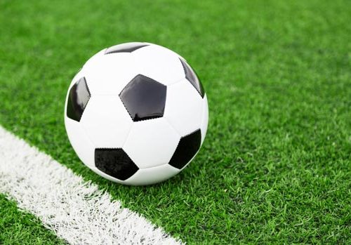 soccer ball on green grass field with white border line next to it