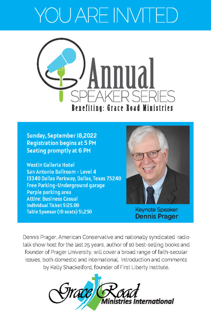 Grace Road Ministries - Dennis Prager Speaker series event invitation